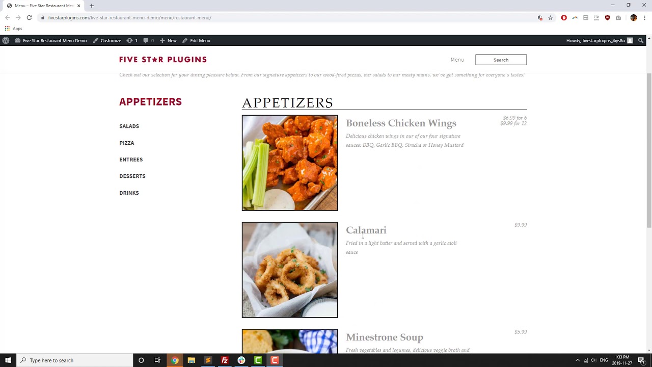Five-Star Restaurant Menu - WordPress Plugin