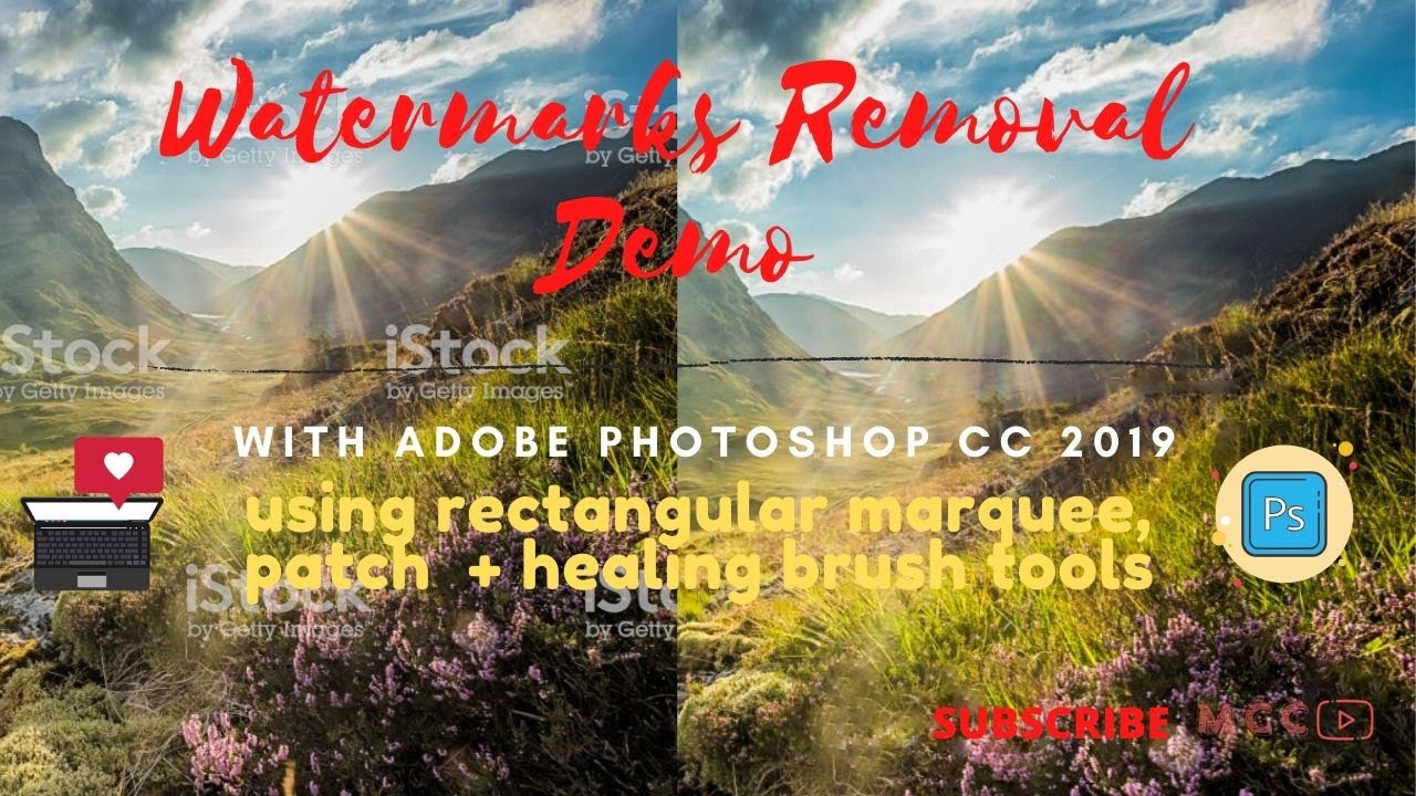 Watermarks from photo removal demo with Adobe Photoshop CC 2019 | marquee, patch, healing tools