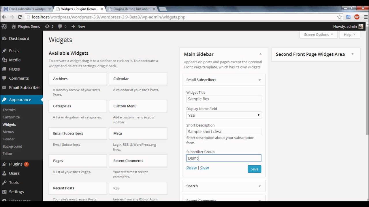 Email subscribers WordPress plugin install and activation.