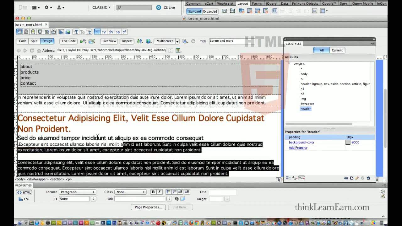 dreamweaver tutorials learn how to build create an html5 css3 website design using h2+p css tricks