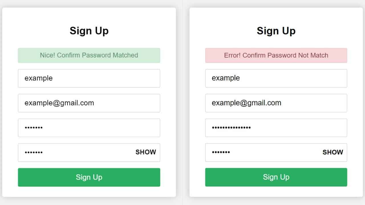 Confirm Password Check in HTML CSS & JavaScript