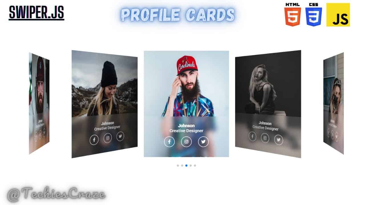 Profile Cards Slider using Swiperjs and Glassmorphism Design UI using HTML & CSS | TechiesCraze