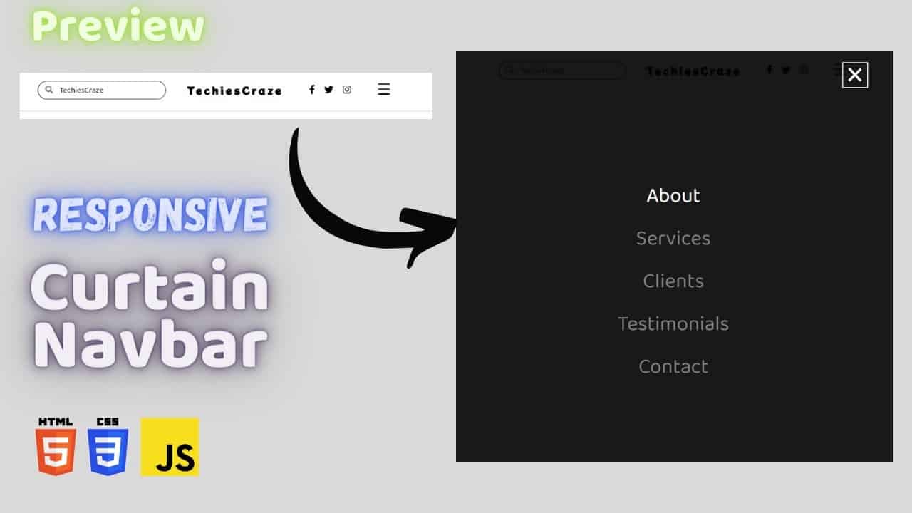 PREVIEW | Responsive Navbar with Curtain Menu using HTML, CSS & JavaScript | TechiesCraze