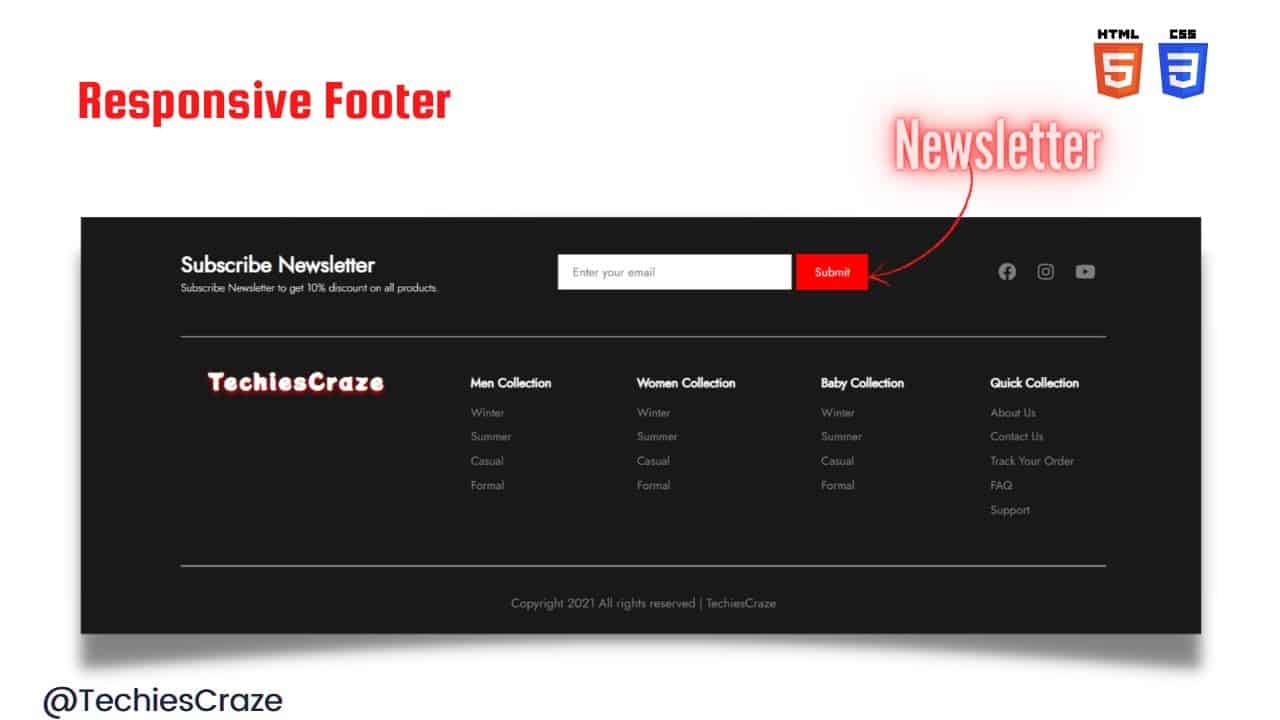 Responsive Footer with Newsletter using HTML & CSS | TechiesCraze