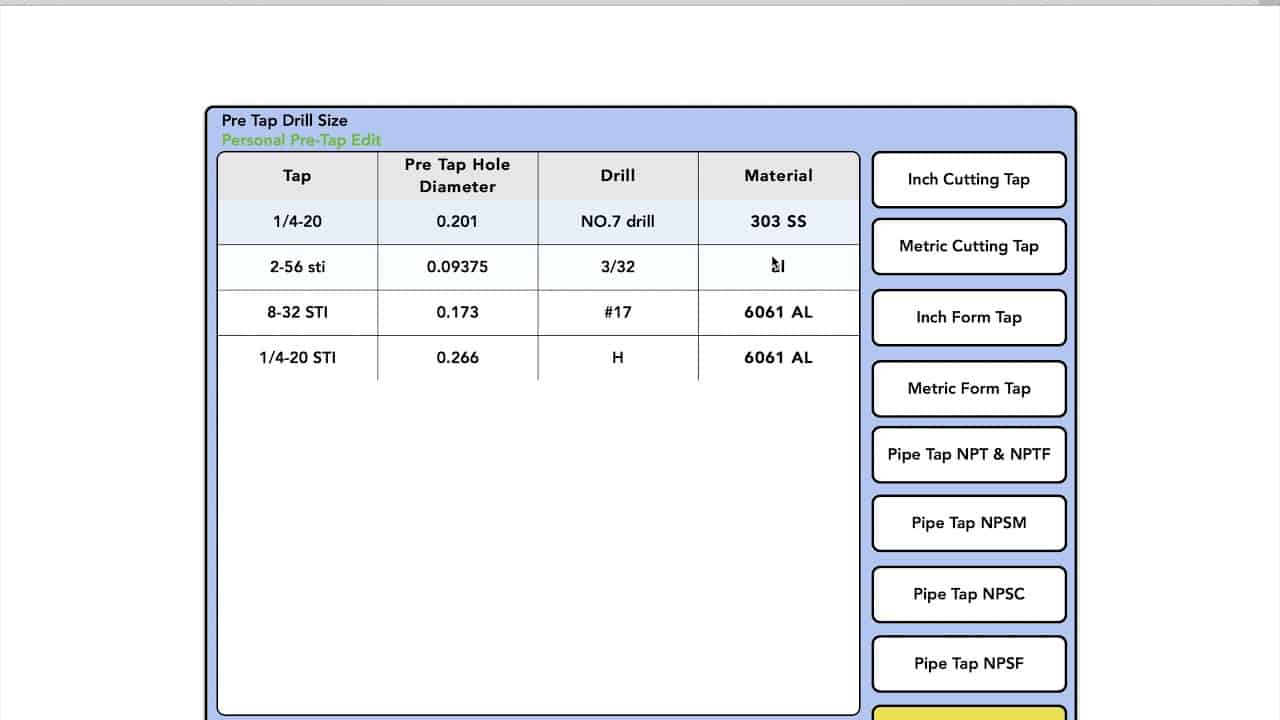 TAP DRILL DATABASE!! Save your tapping info and build your own database.