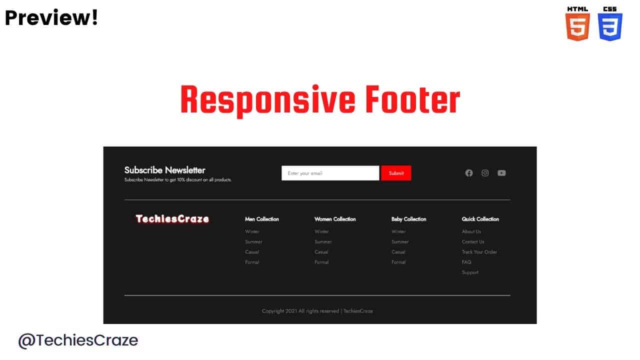 Preview | Responsive Footer using HTML & CSS | TechiesCraze