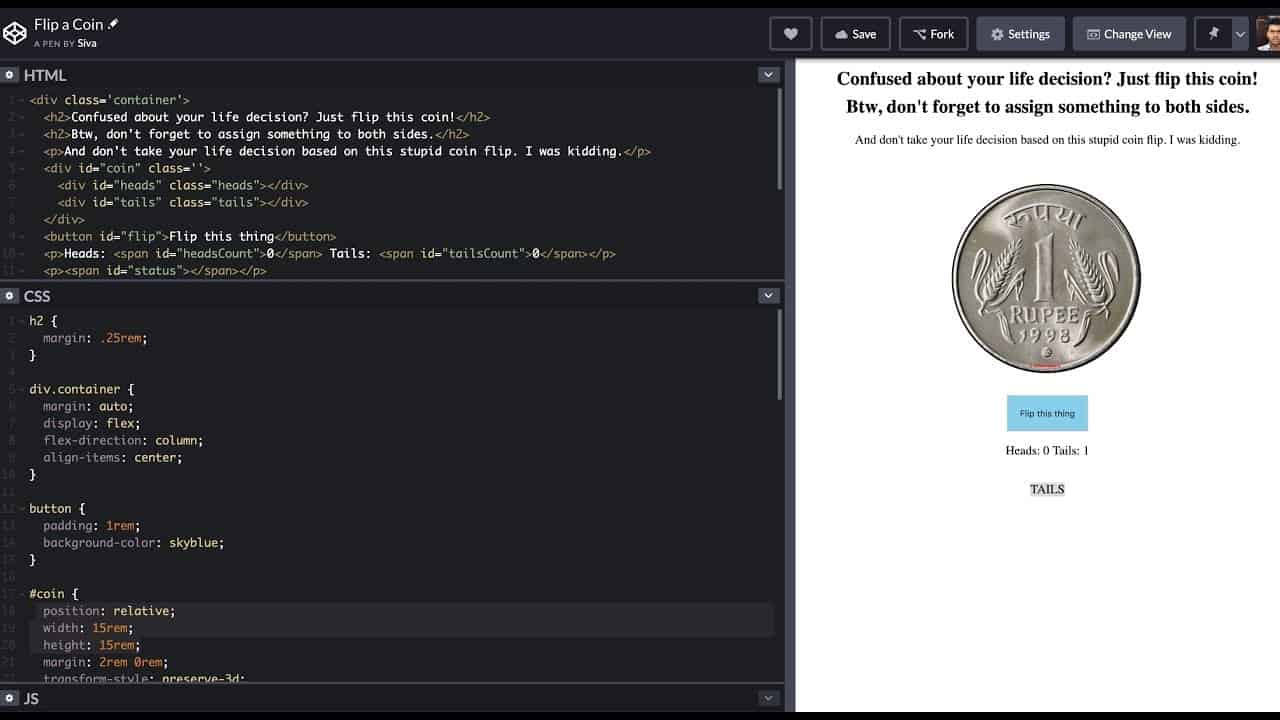 How to implement a simple coin flipping website with HTML, CSS and Javascript