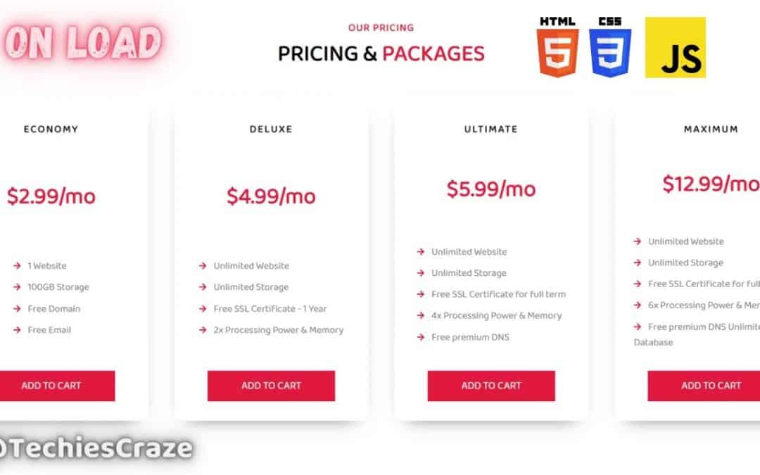 Pricing Cards with onload Rotate effect using HTML, CSS & JavaScript| TechiesCraze