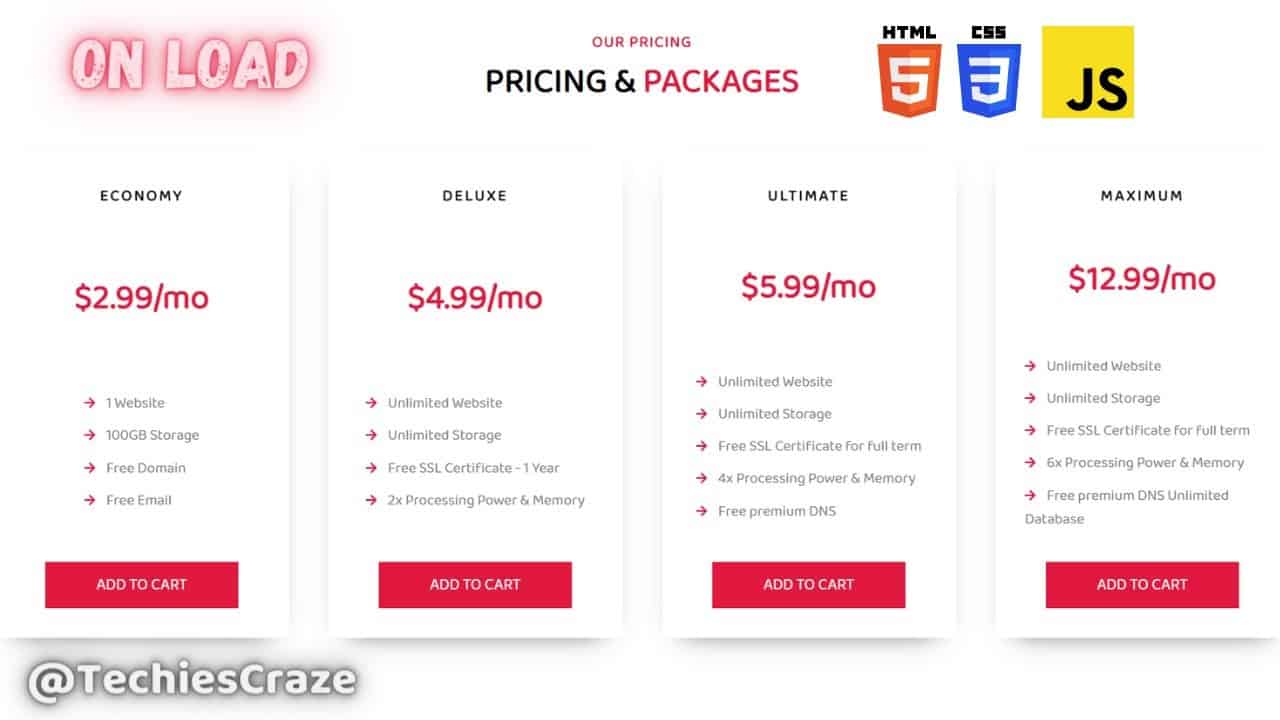 Pricing Cards with onload Rotate effect using HTML, CSS & JavaScript| TechiesCraze