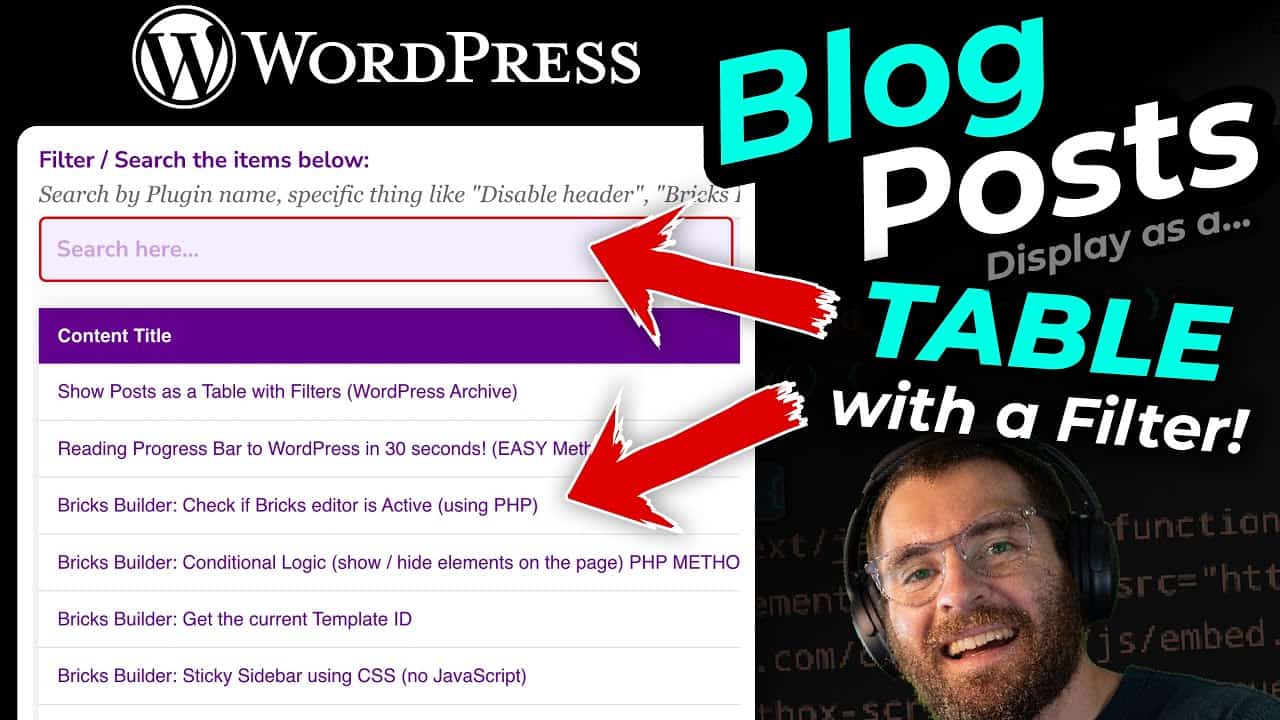 Show Blog Posts as Table with Filter (WordPress) - ALL Themes & Page Builders eg Bricks Builder etc