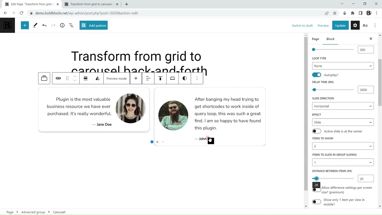 Transform from Grid into Carousel back-and-forth - Content Blocks Builder | Gutenberg WordPress